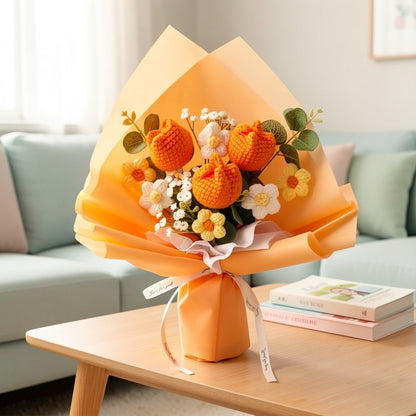 Handmade Crochet & Knitted Tulip Bouquet - Hypoallergenic Artificial Flowers Suitable for Weddings, Mothers Day, Birthday Gifts for Mom, Spring Table Decor, Handwoven Bouquets, No Container Included ( for Flower Allergies)