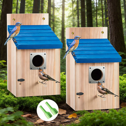 2pcs Cedar Bluebird Box Houses with Metal Guard, Secure Latch, Fledgling Grooves, Air Vents - Wooden Bird Houses for Outside, 1-1/2" Entrance Hole, Perfect for Bluebirds, Wrens, Swallows, Bird Feeder Houses | Classic Style | Wooden Construction, Bird Hous