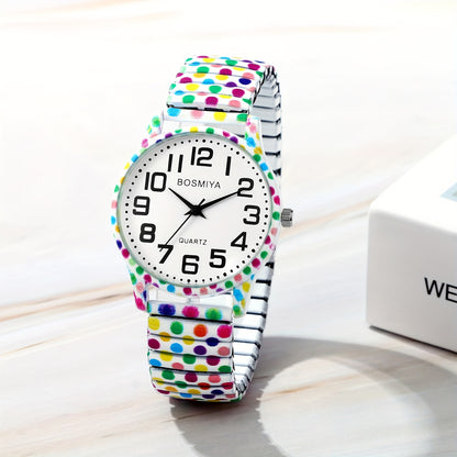 Bohemian Women'S Elastic Watch, Analog Quartz, Large Arabic Numerals Scale, Clear Easy to Read, Round Case, Printed Decorative Stainless Steel Stretch Strap, Suitable for Casual, Business, Mother'S Day Back-To-School Season Christmas Birthday Gift