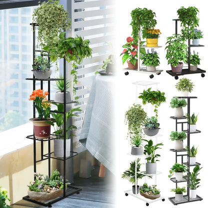 7 Layer Foldable Metal Plant Stand with Wheels – Multi-Tier Indoor Outdoor Flower Display Rack for Living Room Balcony Garden