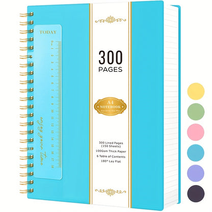 A4 Spiral Notebook, 300 Pages Notebook Notepad with Bookmark Ruler, 100GSM Lined Paper, No Bleed, PVC Cover Notebook for Writing Note Taking, School Office Supplies, 21 X 28.5cm