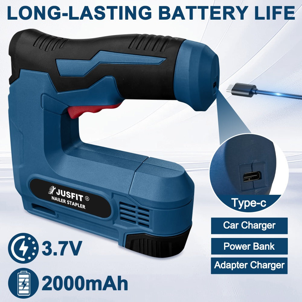 2-in-1 Electric Nail Gun & Staple Gun – Wireless USB Rechargeable with 1000pcs 18GA Brad Nails & 1000pcs Type 53 Staples, 100pc Capacity, Lightweight for DIY, Carpentry, Upholstery & Home Renovation