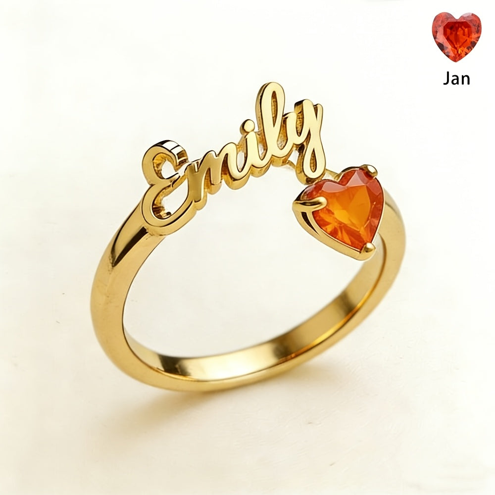 Personalized Heart Birthstone Ring, Custom Birthstone Golden Name Ring, Stainless Steel Elegant Nameplate Open Ring, Best Birthday Gift for Her, Birthstone Jewelry, Light Issues May Cause Color Differences in Birthstones