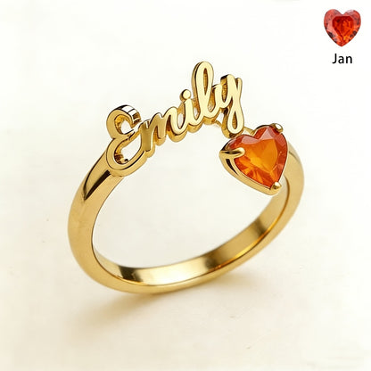 Personalized Heart Birthstone Ring, Custom Birthstone Golden Name Ring, Stainless Steel Elegant Nameplate Open Ring, Best Birthday Gift for Her, Birthstone Jewelry, Light Issues May Cause Color Differences in Birthstones