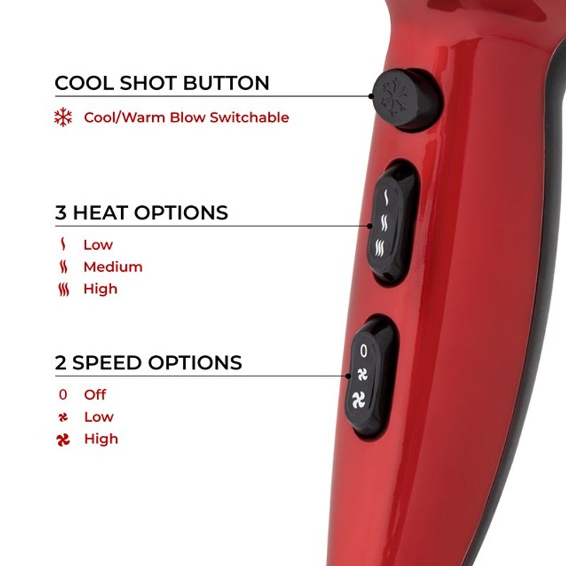 Red Hot 37010 2200W Professional Hair Dryer with Diffuser & Concentrator Nozzles/Dual Styling Options / 3 Heat Settings, 2 Speed Settings & Cool Air Mode/Salon Quality/Red Coloured
