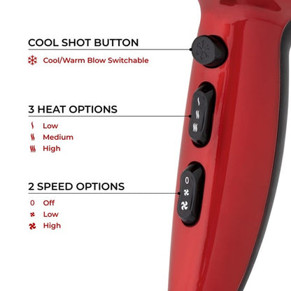 Red Hot 37010 2200W Professional Hair Dryer with Diffuser & Concentrator Nozzles/Dual Styling Options / 3 Heat Settings, 2 Speed Settings & Cool Air Mode/Salon Quality/Red Coloured