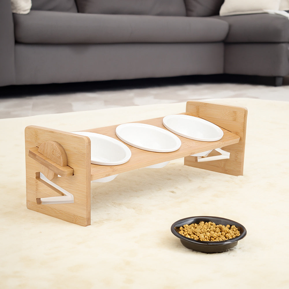 Raised Cat Bowl, Cat Bowls with Stand Tilted 15°, Adjustable Elevated Ceramic Cat Food Bowl for Cats and Small Dog, Adjustable Dog Bowl Stand - Raised Bamboo Stand with One, Two, or Three Ceramic Bowls for Feeding Small,Medium Sized Dogs, Cats,and Pets -