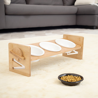 Raised Cat Bowl, Cat Bowls with Stand Tilted 15°, Adjustable Elevated Ceramic Cat Food Bowl for Cats and Small Dog, Adjustable Dog Bowl Stand - Raised Bamboo Stand with One, Two, or Three Ceramic Bowls for Feeding Small,Medium Sized Dogs, Cats,and Pets -