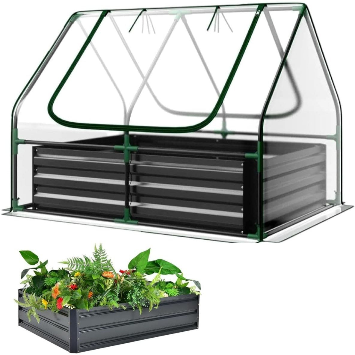 Raised Garden Bed with Greenhouse - 125 x 95 x 92 cm Compact Small Greenhouse With Metal Garden Bed included, Steel Frame, Clear PVC Cover, Zipped Roll up Windows For Plants, Vegetables, Garden