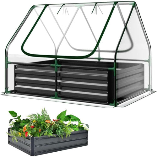 Raised Garden Bed with Greenhouse - 125 x 95 x 92 cm Compact Small Greenhouse With Metal Garden Bed included, Steel Frame, Clear PVC Cover, Zipped Roll up Windows For Plants, Vegetables, Garden