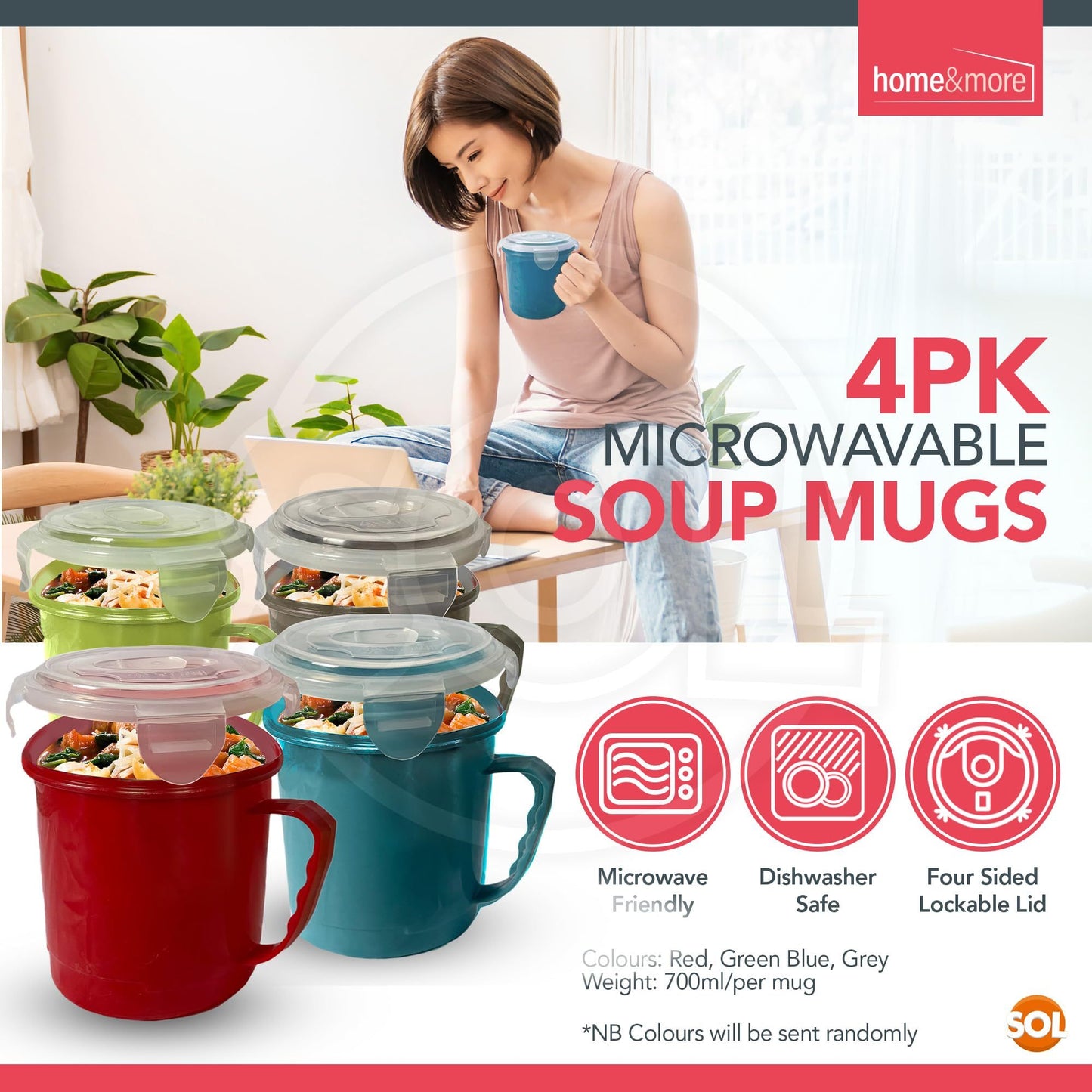 4 Pack Microwave Soup Mugs 700ml | Plastic Soup Containers with Handles & Lids | Stackable Microwave Bowls for Reheating & Serving | Dishwasher Safe Soup Mugs for Leftovers, Porridge & Hot Meals at Home, Office or School