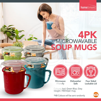 4 Pack Microwave Soup Mugs 700ml | Plastic Soup Containers with Handles & Lids | Stackable Microwave Bowls for Reheating & Serving | Dishwasher Safe Soup Mugs for Leftovers, Porridge & Hot Meals at Home, Office or School