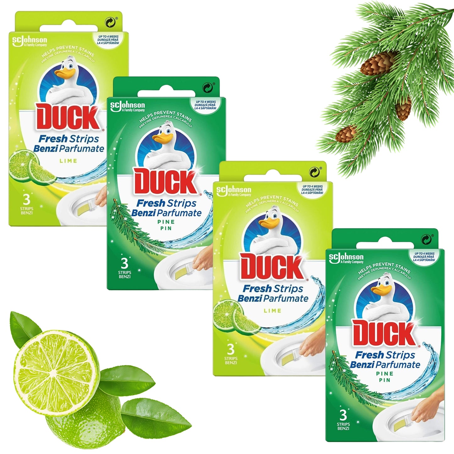 Duck Toilet Fresh Strips 4 Pack - Pine & Lime (12 Gel Strips Total) | Mess-Free Home Toilet Freshener | Long-Lasting Fragrance | Easy-Stick Application