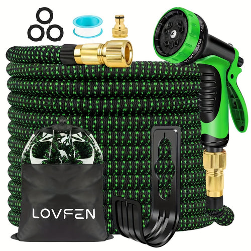 LOVFEN Expandable Garden Hose with Spray Nozzle - Heavy-Duty Vinyl Coil Hose, Expandable Water Hose Suitable for Outdoor,, Garden Use - Flexible Water, No Kink, Year-Round Portable Water Hose (No Heavy-Hitting the Ground)