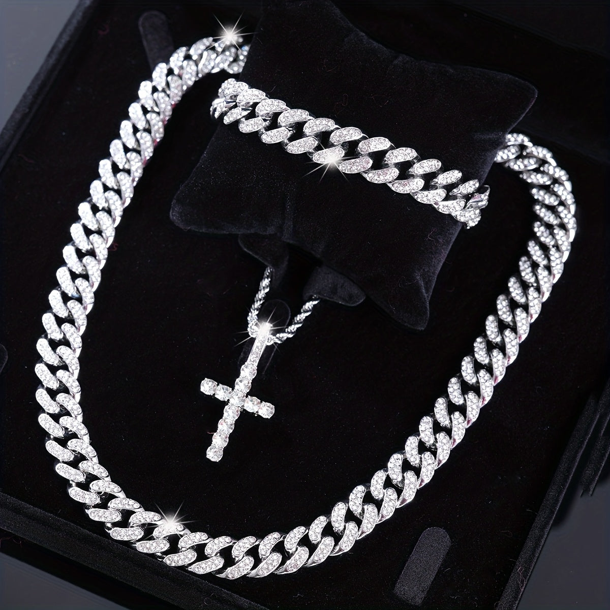 Unisex 3pcs hip-hop style Men's Christmas jewelry set - cross necklace with multi-layered Cuban chain, Rhinestones-encrusted bracelet -