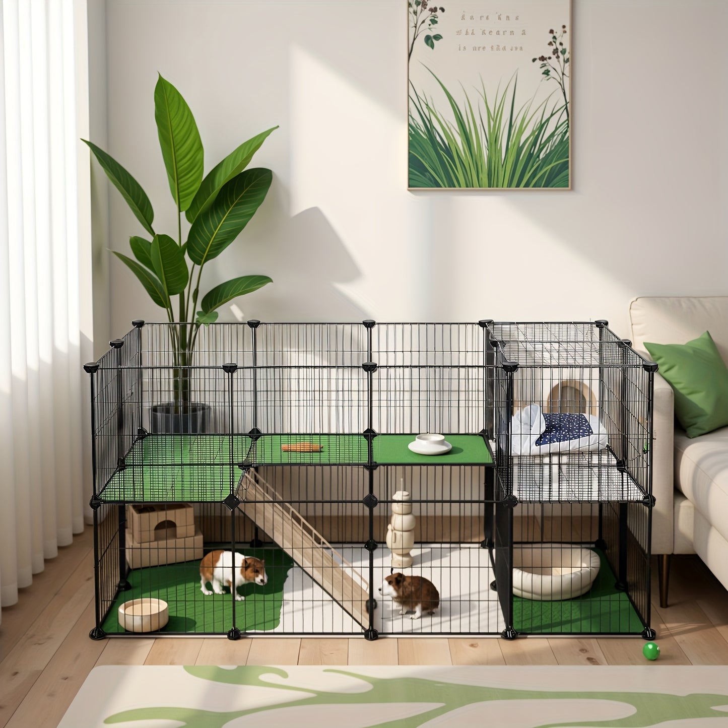 Two-Story Metal Pet Playpen with 36 Grid Panels, Cage for Small Animals Like Guinea Pigs, Hamsters, And Rabbits, Includes a Mallet, Suitable for Indoor Use, Dimensions 143 X 73 X 71 Cm