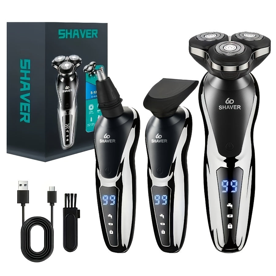 Electric Razor for Men, 3in 1 Electric Shaver Nose Hair Trimmer USBRechargeable Portable Razor 3D Floating Blade Digital Display ShavingBeard Machine
