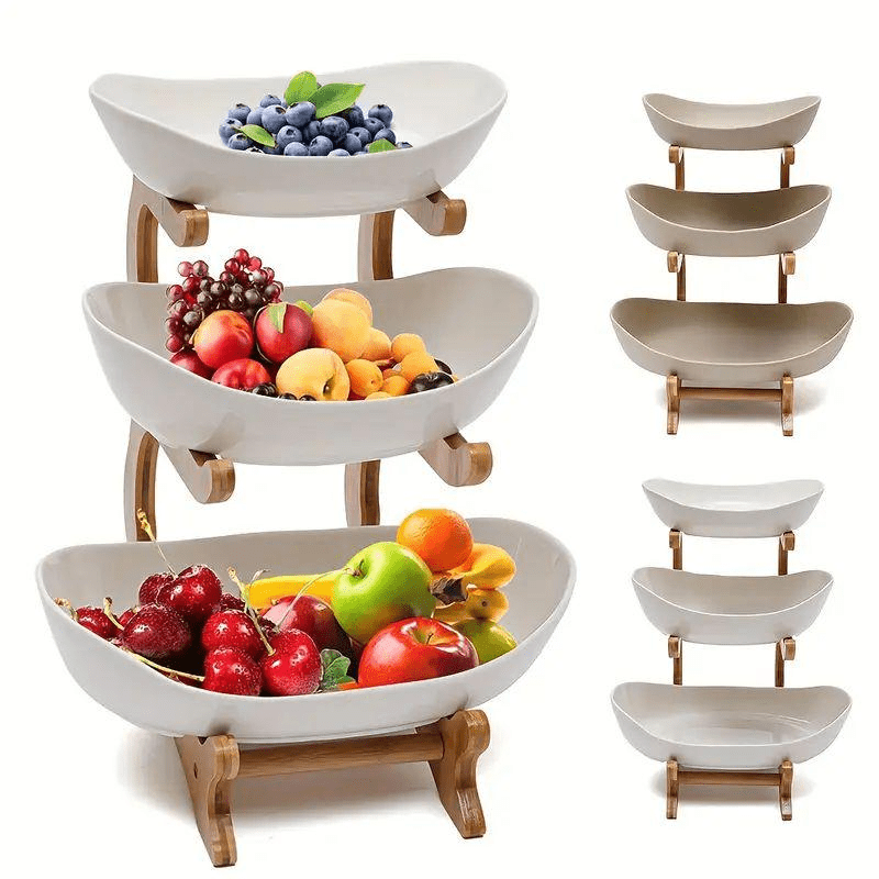 Wooden 3-Tier Fruit and Vegetable Basket with Wooden Legs - Versatile Kitchen Organizer for Fruits, Vegetables, and Iced Food - Perfect for Refrigerator Storage, Fruit Basket for Kitchen
