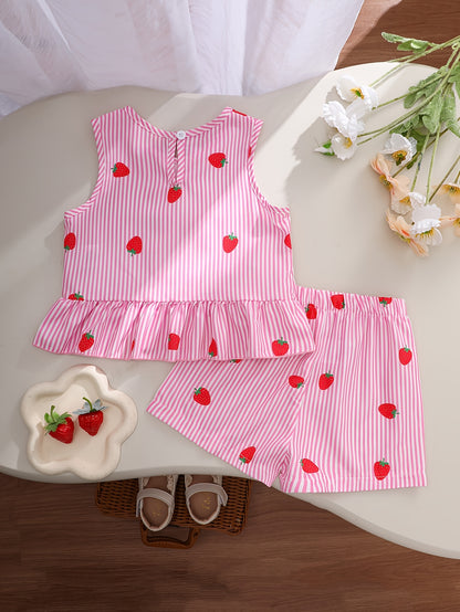 A Two-Piece Set. A Tank Top And Shorts Outfit Featuring Strawberry Prints, Striped Patterns, Bow Decorations, And a Ruffled Hem Design. This Is a Casual Summer Outfit for Girls. It Makes a Great Gift for Girls' Clothing. Suitable for Outdoor Wear