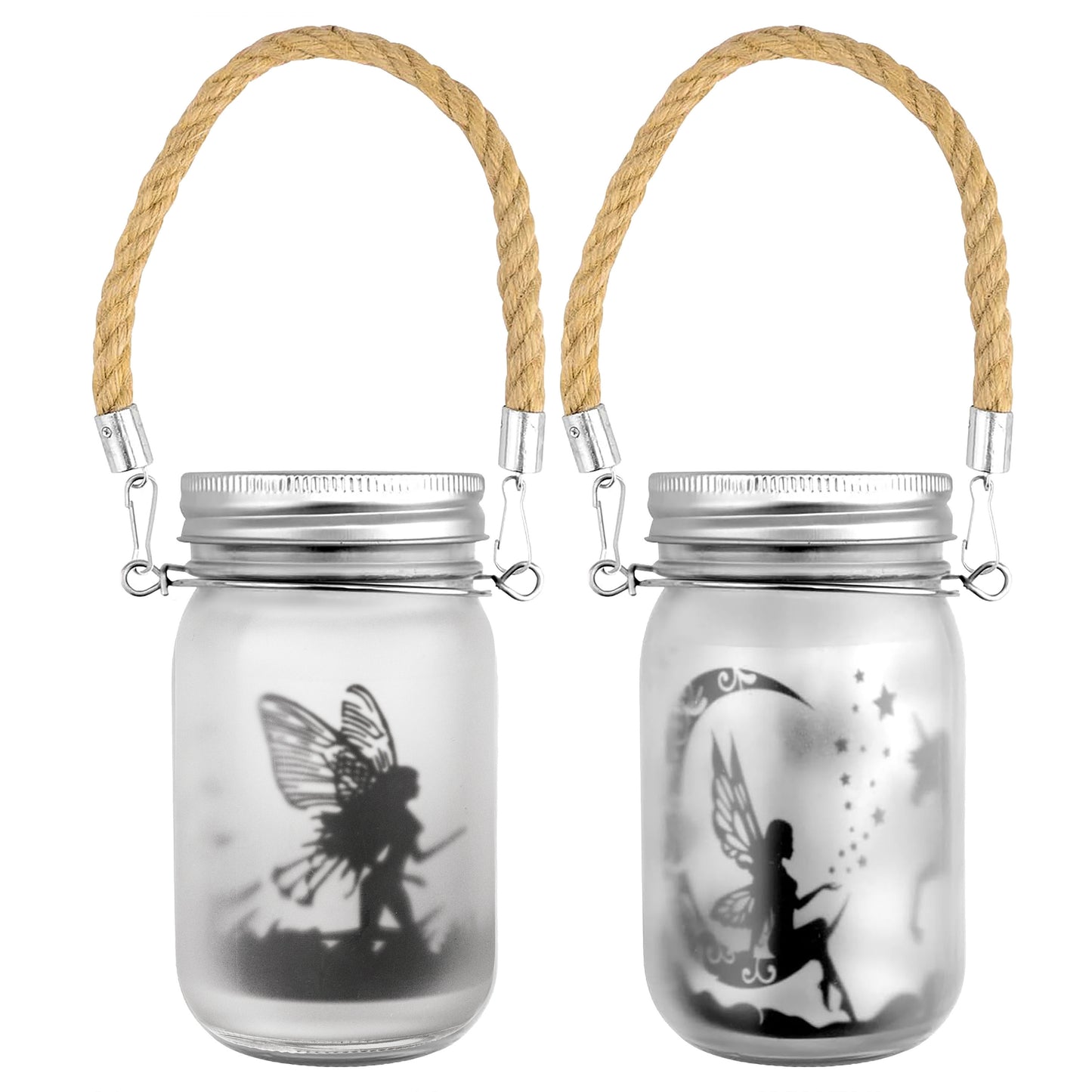 Garden Mile Solar Fairy Jar Lights Set of 2 – Hanging Solar Lantern Mason Jar Lights with Fairy Silhouette Designs, Outdoor Garden Solar Lights with Rope Handle, Decorative Fairy Garden Lanterns, 13cm