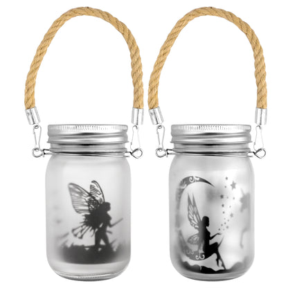 Garden Mile Solar Fairy Jar Lights Set of 2 – Hanging Solar Lantern Mason Jar Lights with Fairy Silhouette Designs, Outdoor Garden Solar Lights with Rope Handle, Decorative Fairy Garden Lanterns, 13cm