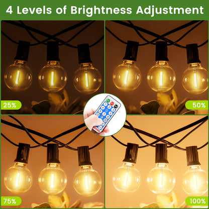 Dimmable Solar Outdoor String Lights - 100ft/60ft/50ft G40 Solar Powered Garden Lights, Remote 3 Timer 8 Modes Waterproof Outside Festoon Lights for Gardens Patios Fences Pergolas
