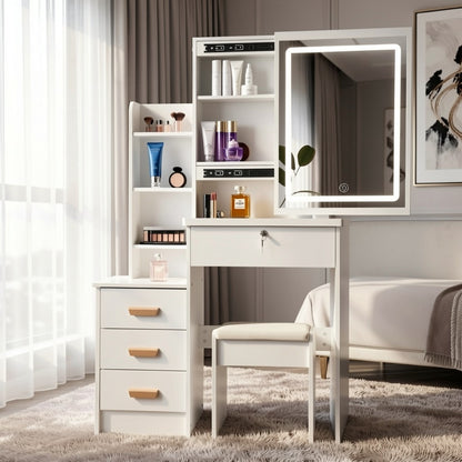 Dressing Table with LED Lights Mirror & Cushioned Stool – Vanity Desk 4 Drawers Open Shelves MDF Makeup Table for Bedroom White