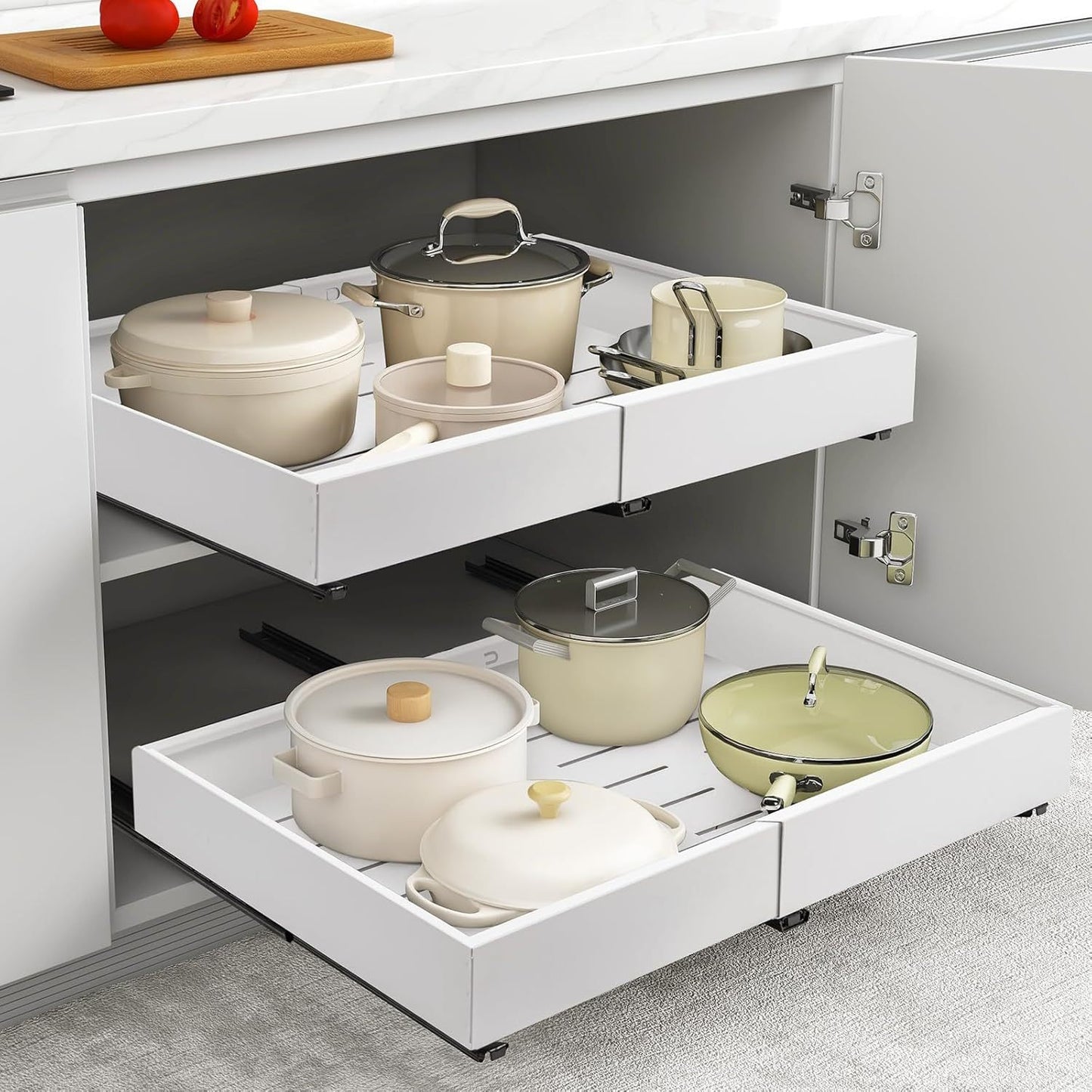 Pull Out Cabinet Organizer, Adjustable Expandable Slide Out Drawer, Roll-Out Sliding Drawer Organiser Shelf for Kitchen & Bathroom Storage, Easy Installation with Adhesive Film