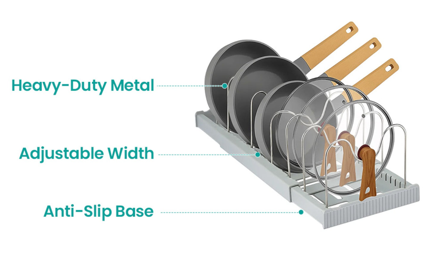 Expandable Pan Lid Organiser Rack 7/10 Adjustable Dividers, Anti-slip Pantry Cupboard Organiser Kitchen Drawer Bakeware Plate Holders for Pots, Pans, Chopping Board, Saucepan, Baking Trays