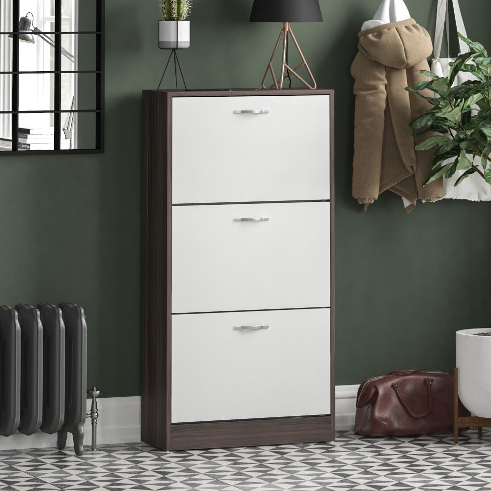 3 Drawer Shoe Cabinet with Stainless Steel Handles – Hallway Shoe Storage Cupboard, Holds 9–12 Pairs, Modern Slim Shoe Rack for Entryway Bedroom