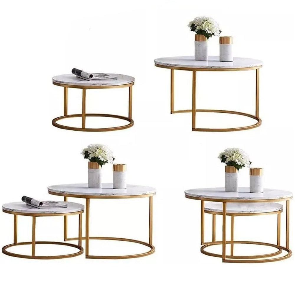 Round Nesting Coffee Tables Set of 2 Stackable Sofa Side Tables Living Room Gold White Wooden Nesting Table Pair with Storage Space UK