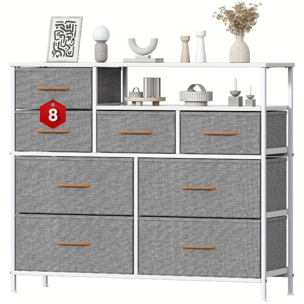 8 Drawer Chest of Drawers with Fabric Fronts & Wooden Top – Large Storage Dresser Organiser Unit for Bedroom & Living Room