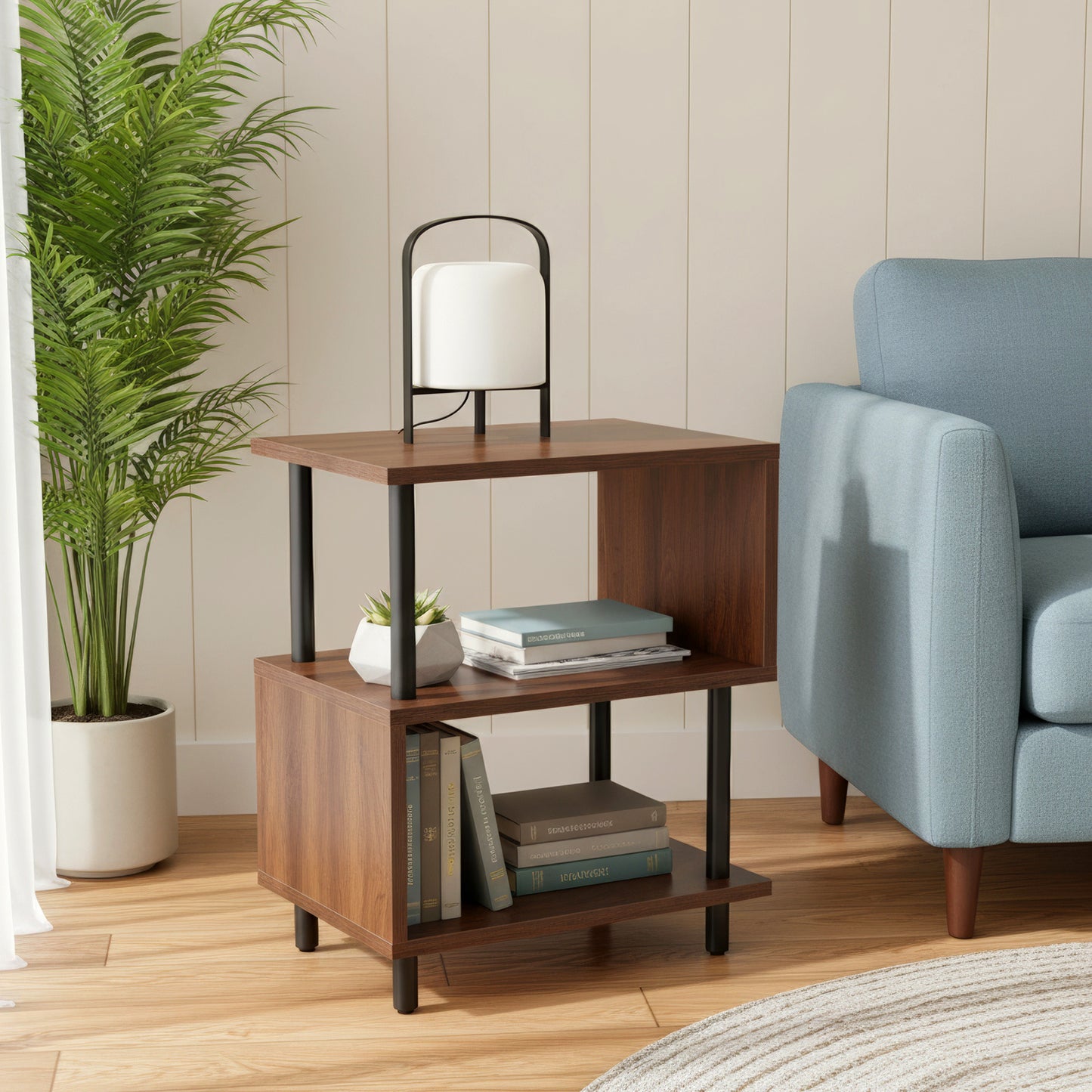 Modern Side Table with Storage - Small End Table/Nightstand, Assembly, -Shaped & Particleboard, Bedside Table for Bedroom/Living Room