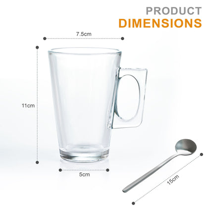 Set of 6 Latte Glasses, Latte Mugs 240 ml Temperature Resistant - Stylish Latte Cups Hot Drink Cafe Mugs - Ideal for Ice Cream Latte, Cappuccino & Hot Chocolate - Transparent