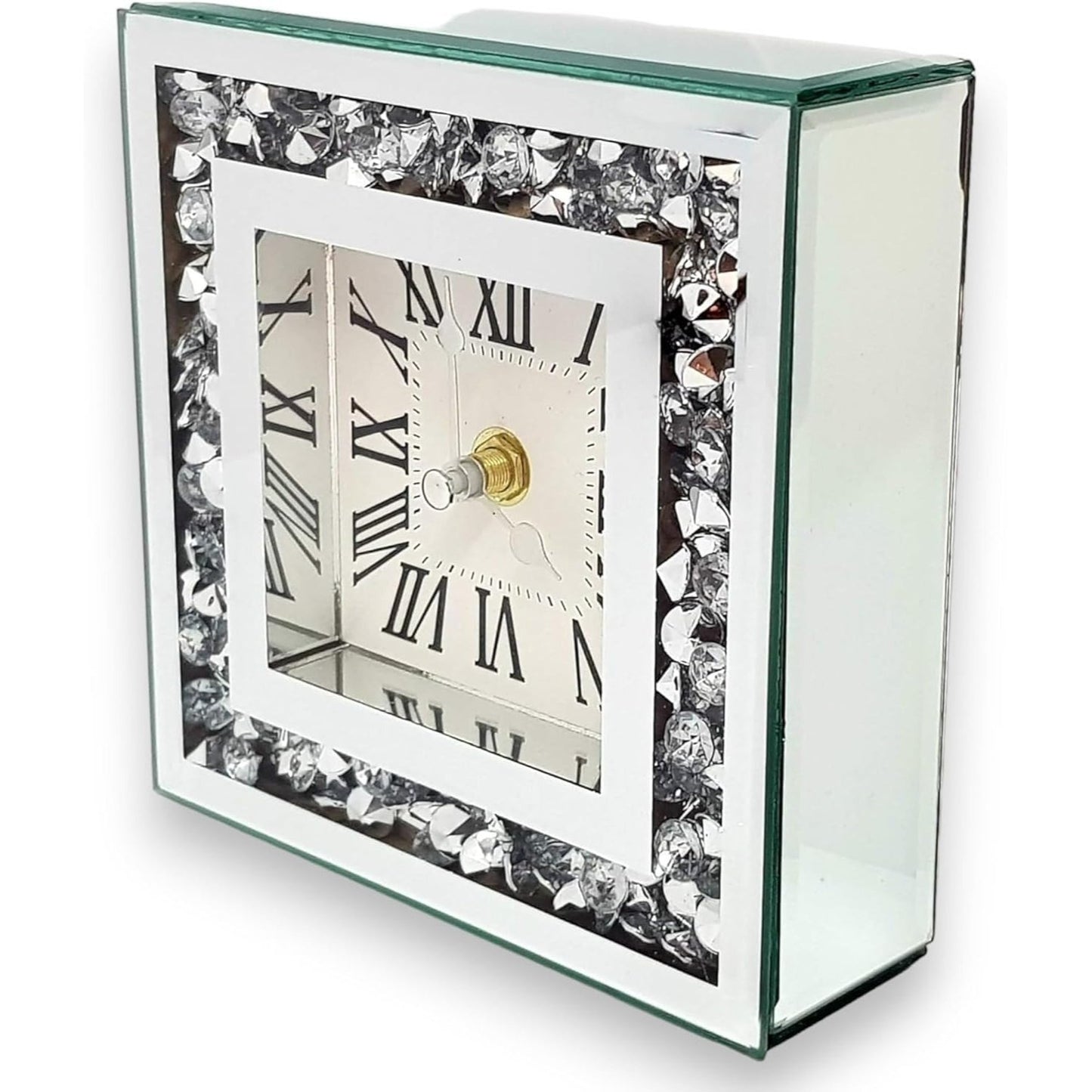 SERENA'S®Square Loose Diamante Mantle Clock Desk Clock Elegant Luxury Diamond Crystal Mirror Crushed Jewel Roman Table Clock Silent For Home Office Living Room Bedroom Decoration-15X15cm silver