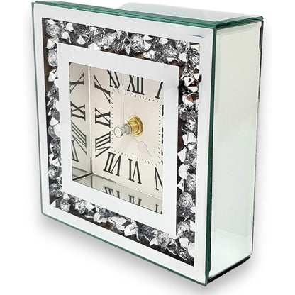 SERENA'S®Square Loose Diamante Mantle Clock Desk Clock Elegant Luxury Diamond Crystal Mirror Crushed Jewel Roman Table Clock Silent For Home Office Living Room Bedroom Decoration-15X15cm silver
