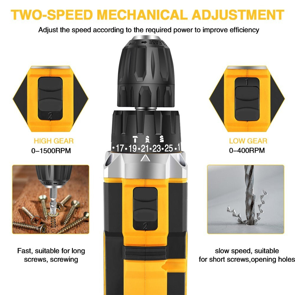 Cordless Combi Drill 3-in-1 with 2 Batteries & 29-Piece Kit – Hammer Drill Driver Electric Screwdriver Set with LED Light for Home & Garden DIY | 50N.m Torque, 25+3 Clutch, 2x2000mAh Li-ion, Carrying Case