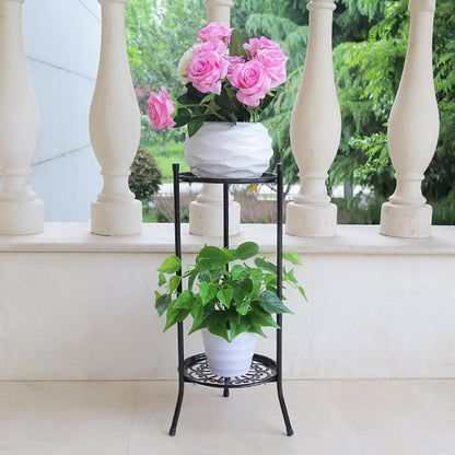 1PC Black Balcony Flowerpot Rack, 2-story Metal Plant Display Rack, Circular Display Base for Office and Living Room, Size 23*23*56cm