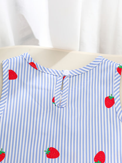 A Two-Piece Set. A Tank Top And Shorts Outfit Featuring Strawberry Prints, Striped Patterns, Bow Decorations, And a Ruffled Hem Design. This Is a Casual Summer Outfit for Girls. It Makes a Great Gift for Girls' Clothing. Suitable for Outdoor Wear