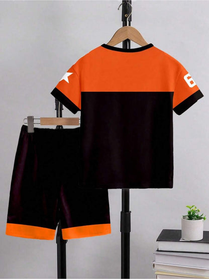 2pcs/Set Boys' Casual Stylish Creative Graphic Number 67 Cartoon Print Short Sleeve T-Shirt And Shorts Set, Comfortable Daily Wear for Spring, Summer & Autumn, for Outdoor