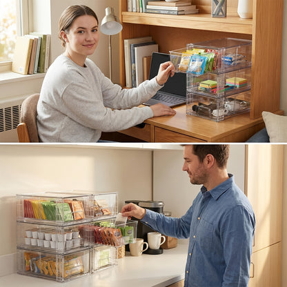 4 Pack Stackable Storage Drawers, Refrigerator Organizer, Clear Acrylic Drawer Organizers with Handles, Easily Assemble Containers for Fridge, Bathroom, Kitchen Undersink, Cabinet, Pantry Organization And Storage