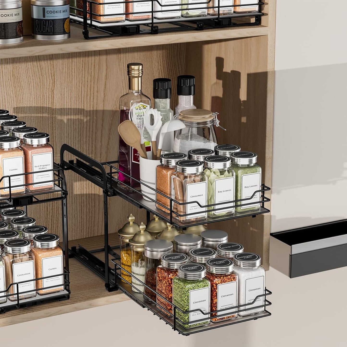 2 Tier Spice Rack, Pull Out Spice Organiser for Inside Cupboard, Cabinet or Countertop - Adjustable Cabinet Shelf with Smooth Slide Rails for Kitchen, Pantry
