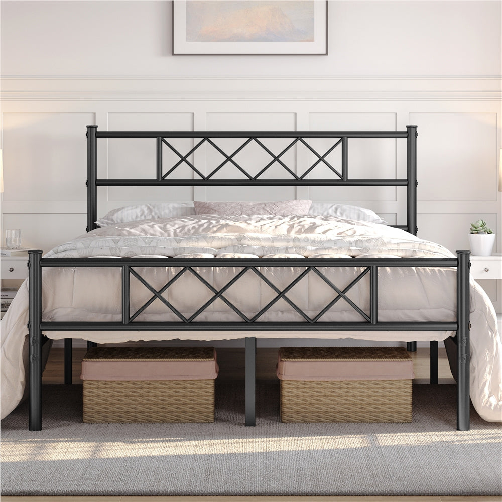 Costoffs Metal Bed Frame Metal-Framed Bed Base with Storage, Bed Foundation for Small Space, Easy Assembly Bed Foundation with Cross-design Headboard and Footboard for Bedrooms, Single/Double/king, Black/White/Pink