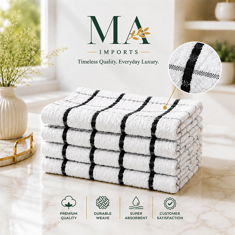 12 Pack white Kitchen Towels with black checkered stripe patterns set 60x40cm, Bulk Cleaning Towels, Cotton Soft Dish Cloths, Plaid and Checkered Tea Towels for Kitchen Cleaning and Daily Household Use