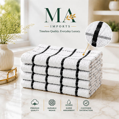 12 Pack white Kitchen Towels with black checkered stripe patterns set 60x40cm, Bulk Cleaning Towels, Cotton Soft Dish Cloths, Plaid and Checkered Tea Towels for Kitchen Cleaning and Daily Household Use