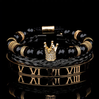 Men's Adjustable Bracelet - Casual Style, Stainless Steel with Gun Black Plating & Synthetic Zirconia - All Season Wear | Roman Crown Charm Design | Ideal for Daily Wear & Gifting
