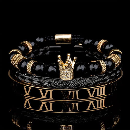 Men's Adjustable Bracelet - Casual Style, Stainless Steel with Gun Black Plating & Synthetic Zirconia - All Season Wear | Roman Crown Charm Design | Ideal for Daily Wear & Gifting