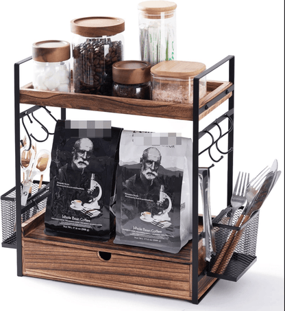 3-Tier Countertop Organizer Station with 12 Mug Hooks – Multi-Functional Coffee Bar Kitchen Storage Shelf, Space-Saving Home & Office Display Rack