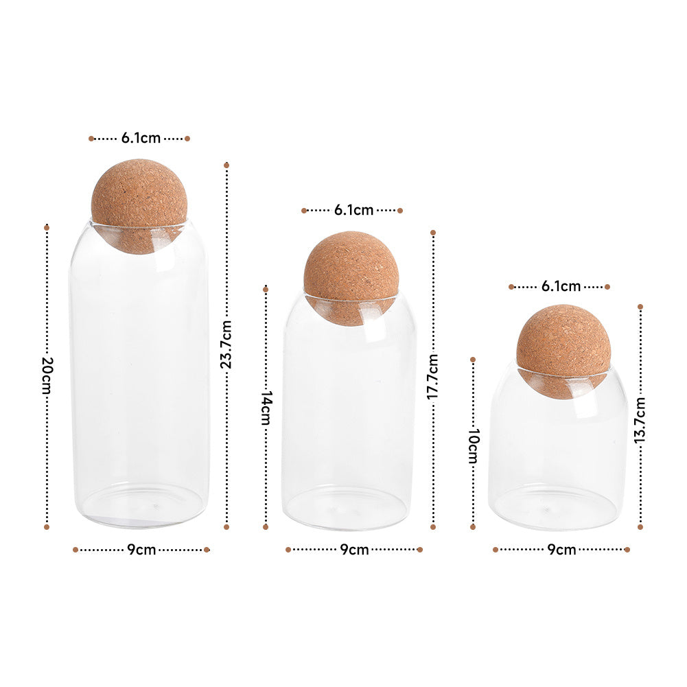 3pcs Glass Food Storage Canister, 500ML & 800ML & 1000ML Airtight Sealed Container Canister, Clear Glass Storage Jar, with Cork Lid, for Spices, Sugar, Coffee, Biscuits, Candies