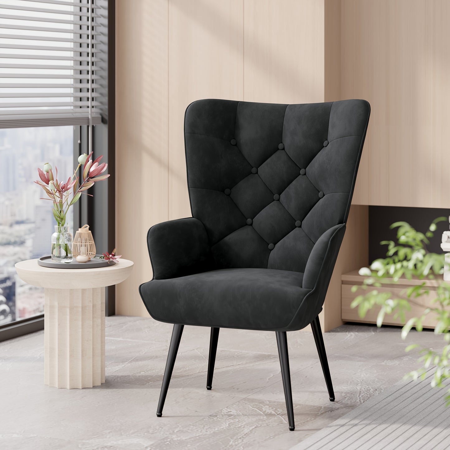 Contemporary Mid-Century Style High-Back Accent Chair with Metal Legs, Velvet Upholstered Wingback Chair for Reading, Suitable for Bedroom, Living Room, Office, Or Makeup Area